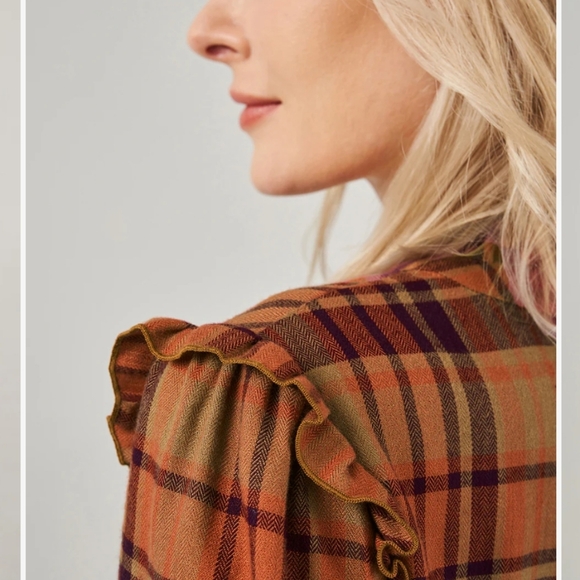 Frye• Ruffle orange/brown flacket button-down plaid shirt. Sz M - Picture 4 of 14